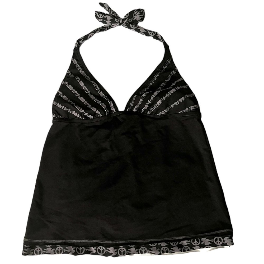 Lucky Brand Swim Suit Top Black/Charcoal Dove and Peace Sign Halter Size M